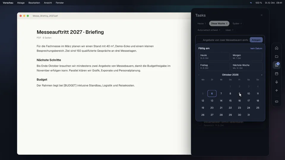 Datumswähler mit Schnellwahl Heute, Morgen, Freitag und Nächste Woche